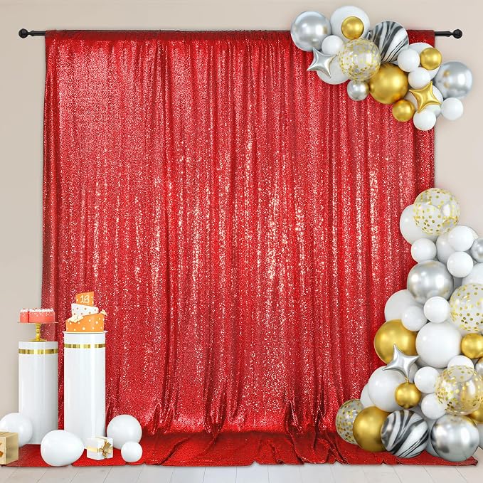 PartyDelight Red Sequin Backdrop 8x8ft Sparkly Photo Curtain | 4 Inch Rod - Image 5
