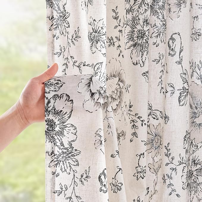 jinchan Black Floral Linen Curtains 90 Inch Vintage Back Tab 2 Panels | Light - Image 3