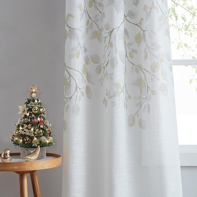 Yellow Leaf Floral Print Metallic Sheer Curtain - Image 9