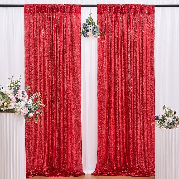 Red Sequin Backdrop Curtains Party Photo Glitter Drapes 2 Pcs 2FTx8FT | by B-COOL