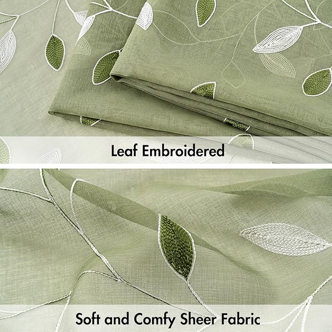 MIULEE Sage Green Sheer Curtains 2 Panels Leaf Patterned, W30 x L30 | - Image 4
