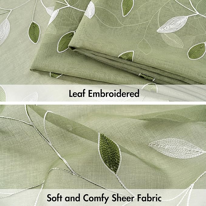 MIULEE Sage Green Sheer Curtains 2 Panels Leaf Patterned, W52 x L84 | - Image 4