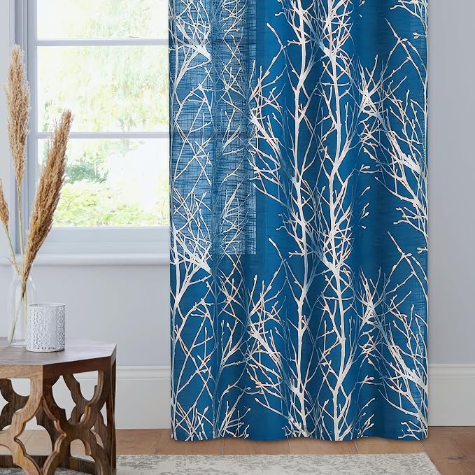 FMFUNCTEX Linen Silver Navy Blue Semi Sheer Print Curtains 63 Inch 2 Panels | - Image 5