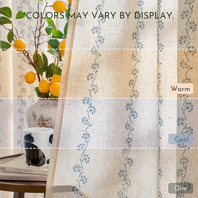 Cathy Blue Linen Floral Curtains 84 inches Long Semi Sheer Drapes 2 Panels - Image 9