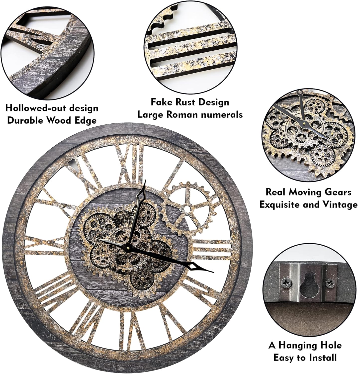 The B-Style Large Wall Clock 18 inch Moving Gear Wall Clock Oversized Vintage Farmhouse Wall Clocks for Living Room Decor Rustic Industrial Wood Clock (Carbon Gray)