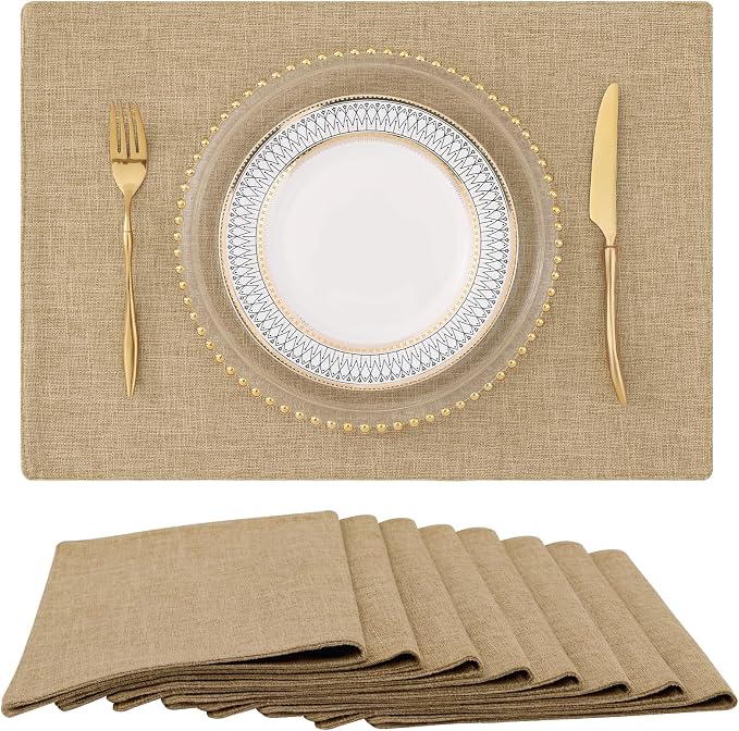 Faux Cotton Linen Placemats Set of 8, Cloth Washable Farmhouse Dining Table Mats by homing