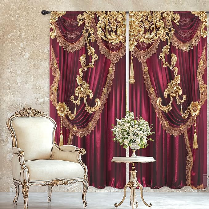 Red Gold Vintage European Elegant No Living Room Bedroom Window Curtains | 52"W by Riyidecor