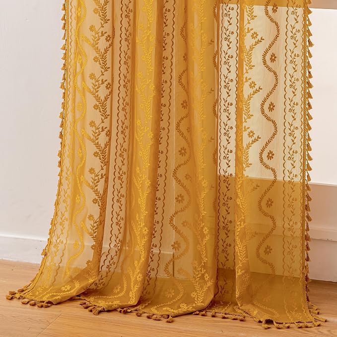 WAZZIO Boho Lace Curtains 2 Panels 84 Inch -Victorian Sheer Panel Drape French by WAZZIO