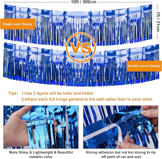 4 Pack Iridescent Float Fringe Curtains, Metallic Foil Fringe Garland Shiny Tassel Foil Parade Float Decorations for Trailer Car Graduation Homecoming Outdoor Indoor Party (Royal Blue)