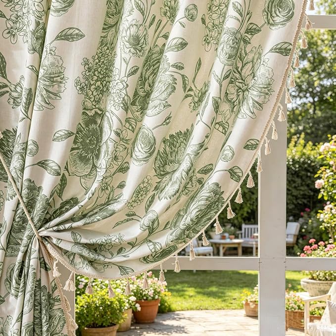 F-CHU Vintage Sage Green Floral Linen Curtains by F-CHU
