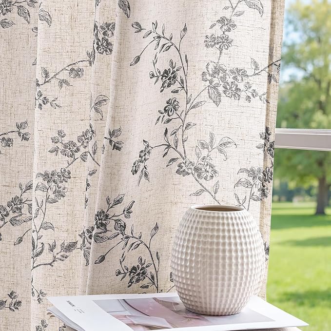 jinchan Black Floral Linen Curtains 63 Inch Rustic Drapes Back Tab 2 Panels | - Image 7