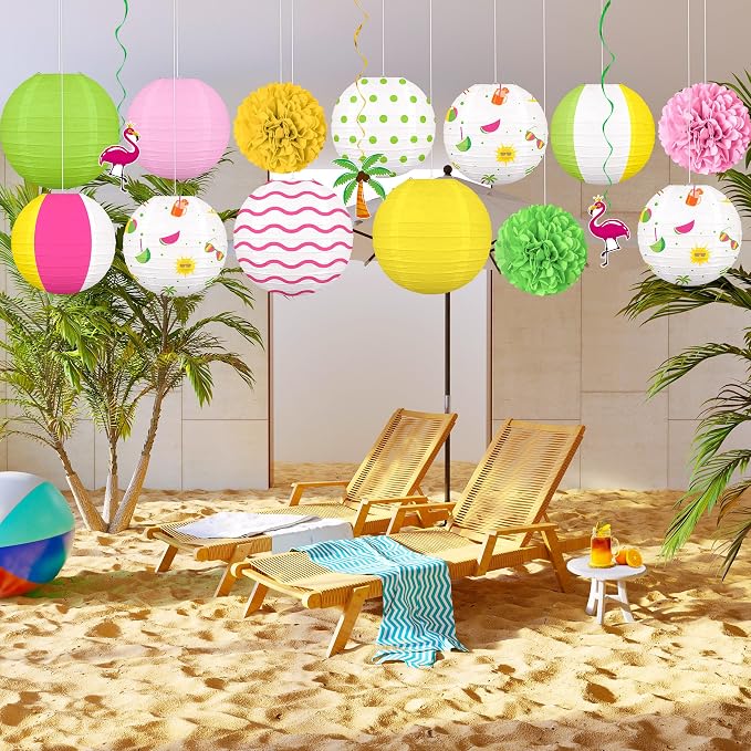 16Pcs Summer Party Decorations Paper Lanterns Pom Poms Hanging Swirls - Image 5