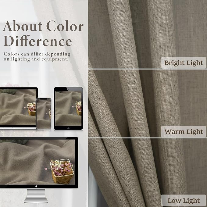 Pitalk Taupe Short Linen Curtain Living Room Back Tab Rod Pocket Lightweight - Image 3