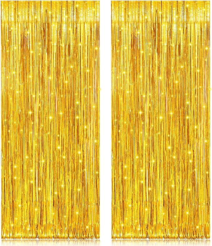 2 Pack 3.2ft x 8.2ft Gold Metallic Foil Curtains, Big Laser Glitter Fringe Rain by welcomePIGETALE