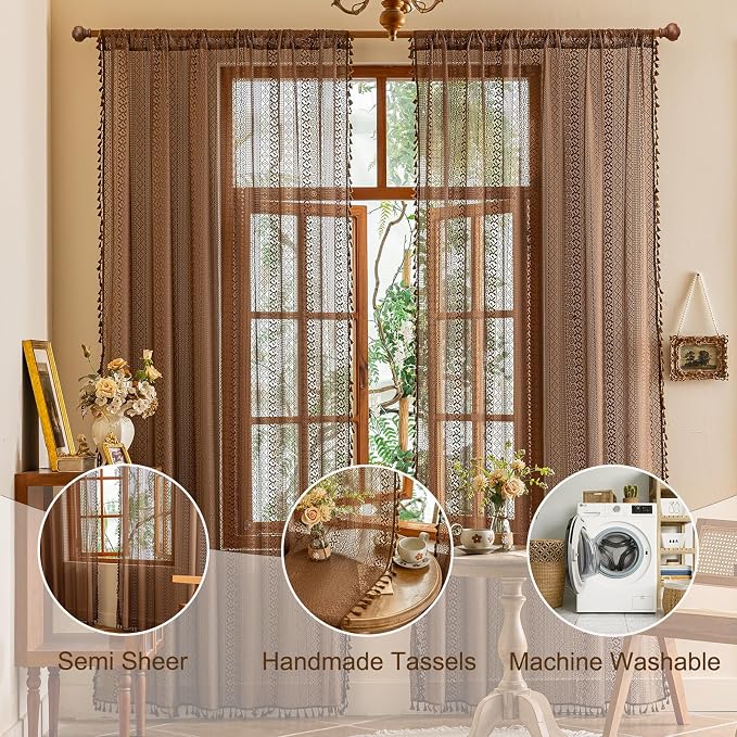 Sutuo Home Caramel Boho Curtains 2 Panels, Sheer Lace Curtains 90 Inches Long - Image 3