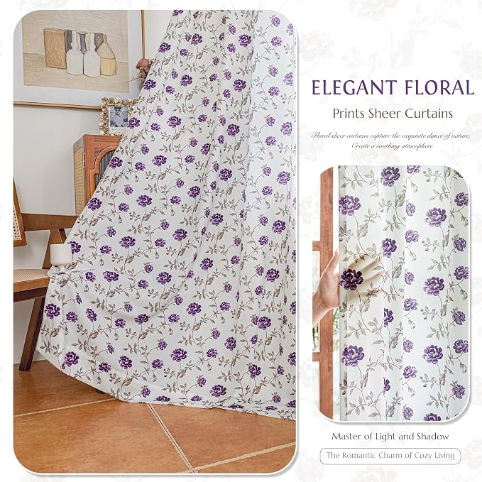Beauoop Floral Sheer Curtains for Bedroom Purple Brown 52x96 2 Panels | Semi - Image 2