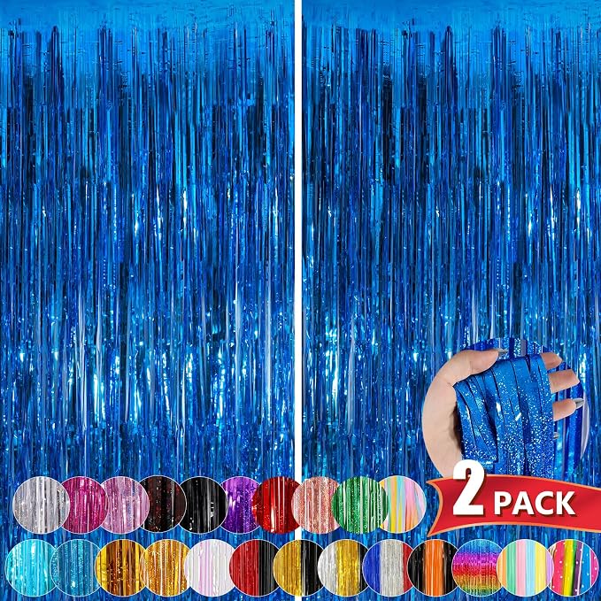 Blue Metallic Tinsel Foil Fringe Curtains, 2 Pack 3.3x8.3 Feet Party Streamer by NUWDHP