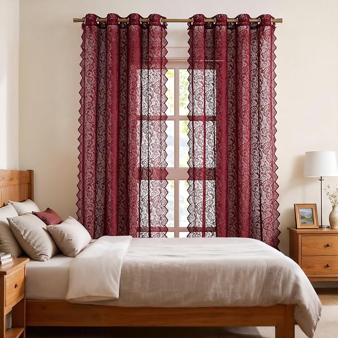 Bujasso Burgundy Red Lace Sheer Curtains 84 inch Length - Image 5