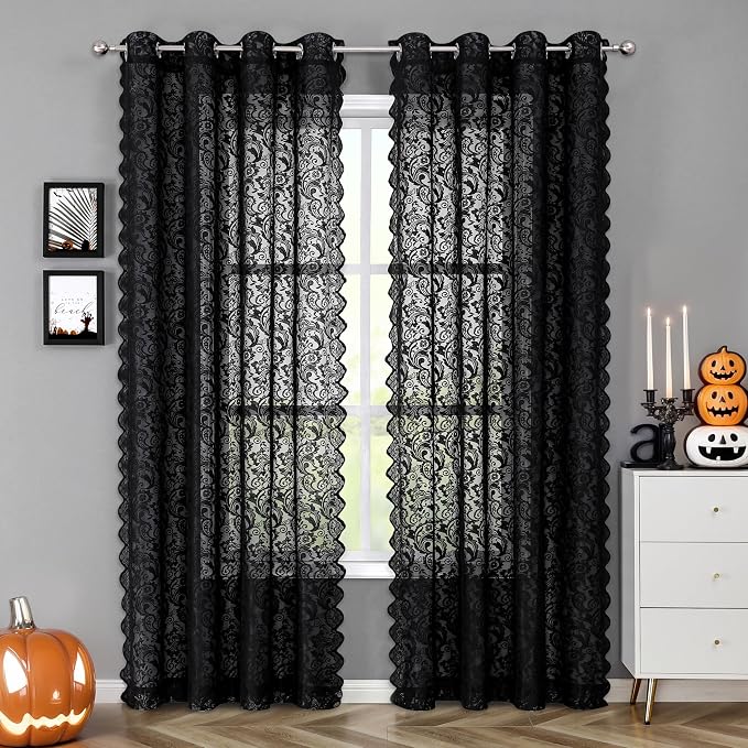 Bujasso Black Lace Sheer Curtains Vintage Floral Sheer Window Curtain Panels - Image 8