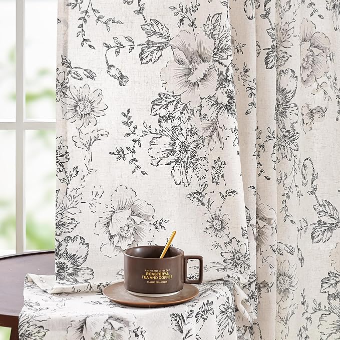 jinchan Black Floral Linen Curtains 90 Inch Vintage Back Tab 2 Panels | Light - Image 5