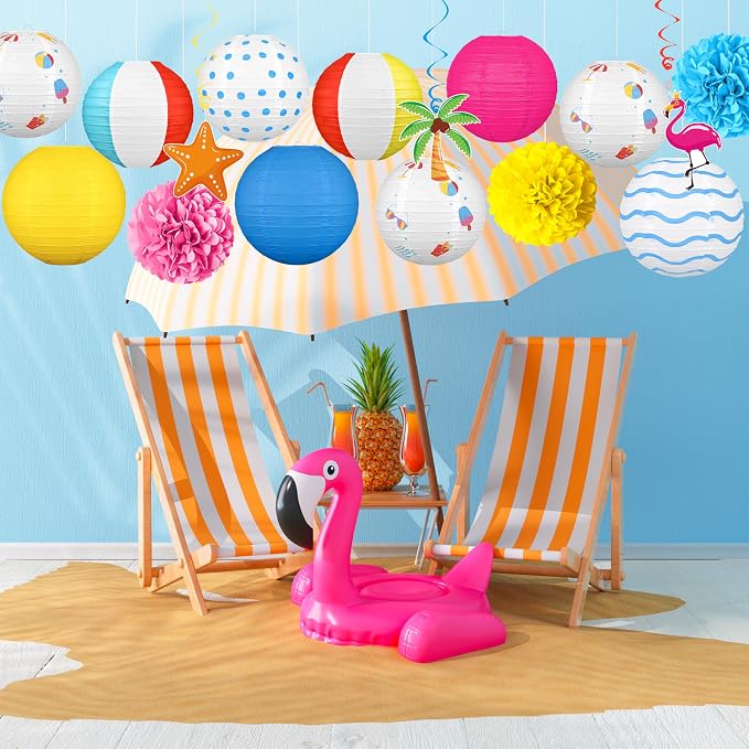 16Pcs Summer Party Decorations Paper Lanterns Pom Poms Hanging Swirls - Image 6