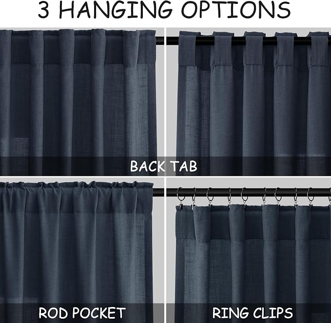 Vintage Blue Linen Curtains 84 Inch Length 2 Panels Set - Image 2