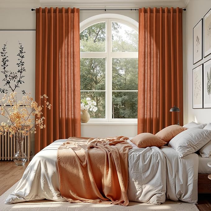 Rust Linen Curtains for Living Room 90 Inches Long Light Filtering Semi Sheer - Image 7