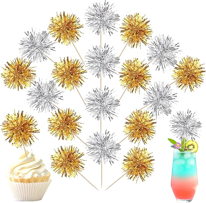 40 PCS Foil Firework Cupcake Toppers Sparkle Tinsel Cupcakae Picks Foil by ZHUOWEISM
