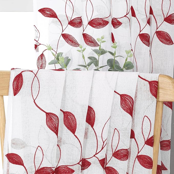 Tollpiz Burgundy Red Leaf Sheer Tier Curtains Kitchen 30 x 24 Inches | Short - Image 6
