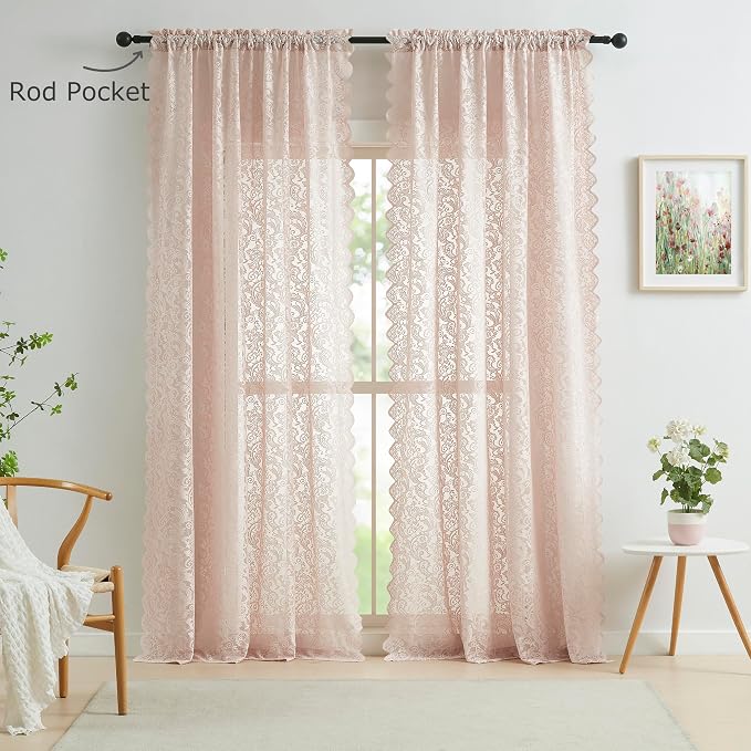 Bujasso Pink Sheer Lace Curtains 54 inch Victorian Short Curtain Panels - Image 5