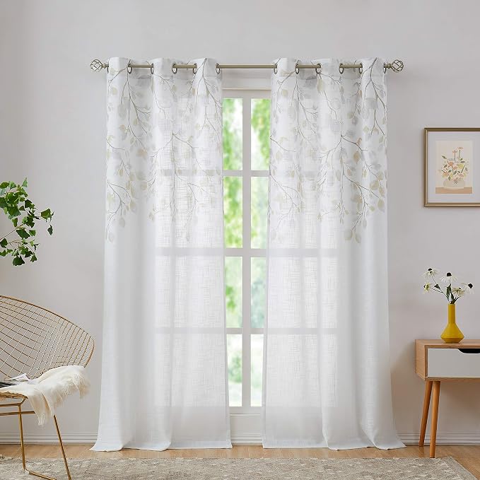 Central Park Yellow Leaf Floral Print Metallic Sheer Curtain, Grommet Top - Image 2
