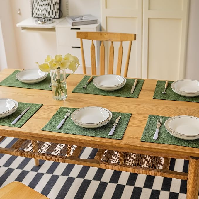 Demetex Dark Green Placemats Set of 8 Decorative Linen Textured Place Mats Heat - Image 6