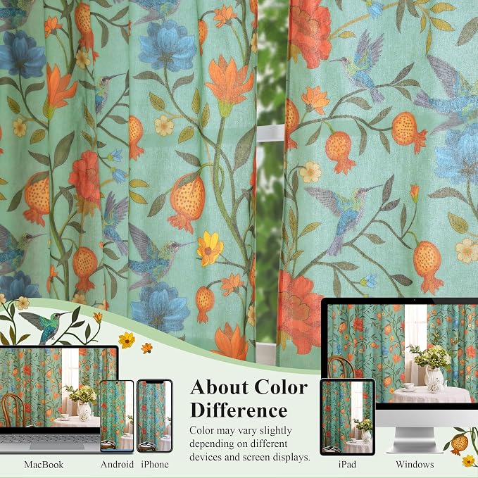 54 Inch Boho Floral Curtains Tropical Bird Print Linen Semi Sheer Window Drapes - Image 3