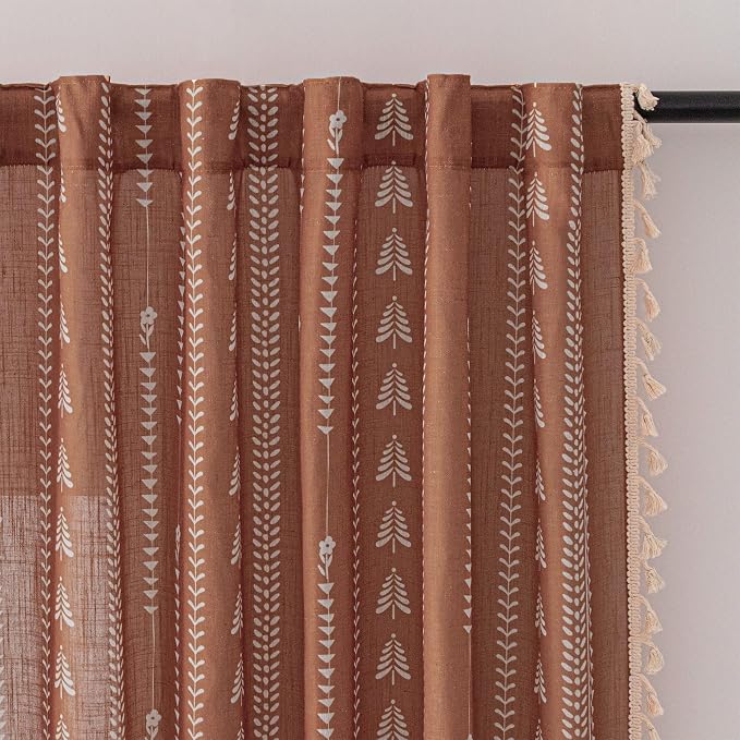 Boho Curtains for Living Room, Terracotta Curtains 84 Inch Long Linen Blended by MEETSKY