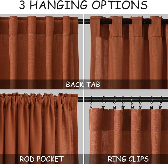 Terracotta Semi Sheer Curtains 72 Inches Long 2 Panels Set - Image 3