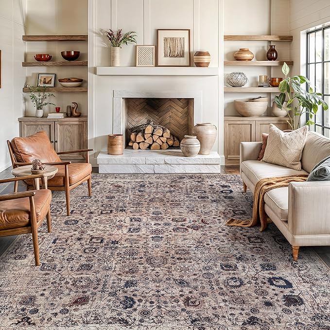 Bloom Rugs Washable Non-Slip 9' x 12' Rug - Light Tan/Blue Traditional Oriental Area Rug for Living Room, Bedroom, Dining Room, and Kitchen - Exact Size: 9' x 12'