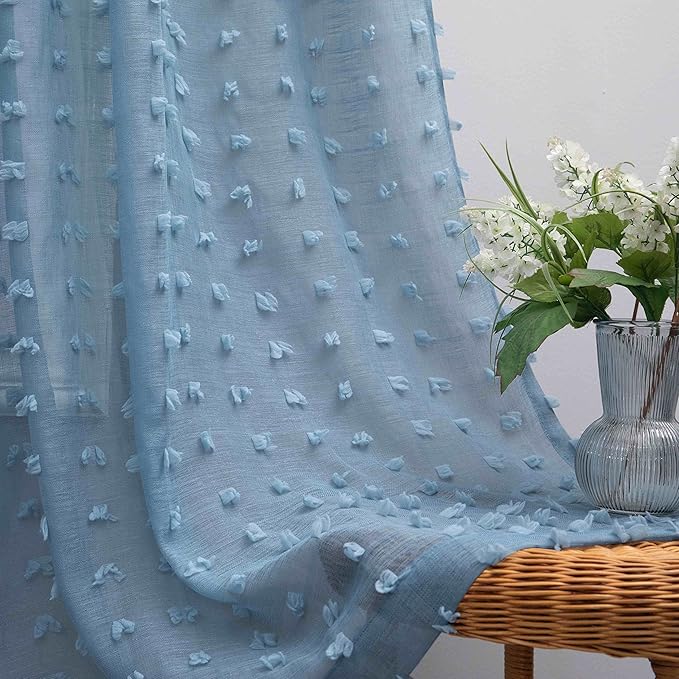 KOUFALL Grey Blue Curtains for Baby Nursery, Boho Pom Pom Light Filtering Sheer by KOUFALL