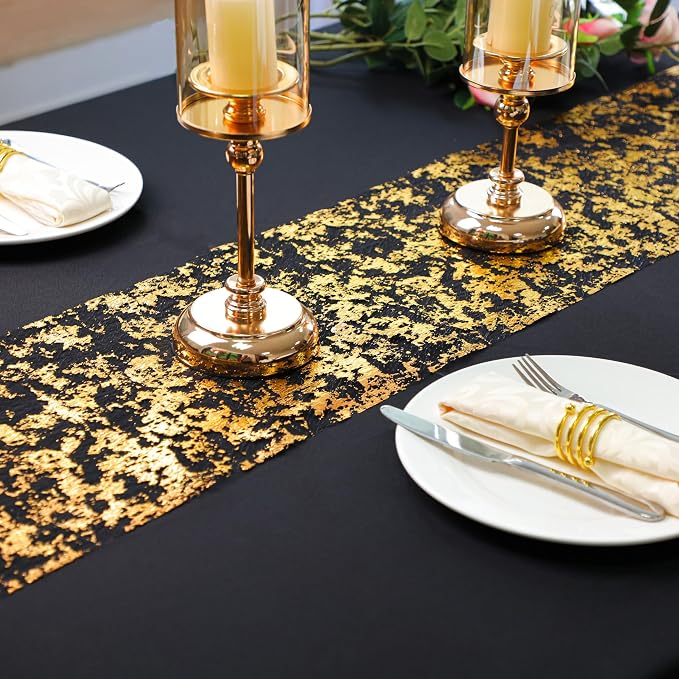 Snowkingdom Black and Gold Table Runner 100 Feet Glitter Golden Metallic Table - Image 3