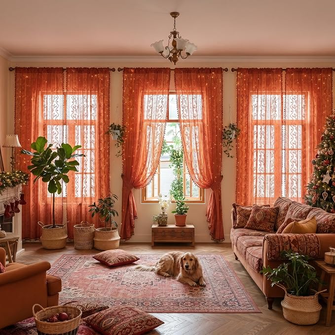 WAZZIO Boho Lace Curtains 108 Inch 2 Panels-Vintage Sheer Panel Drape Floral - Image 3