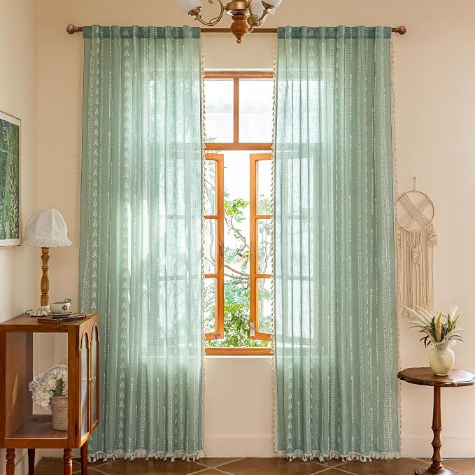 Sage Green Curtains for Living Room, Linen Blended Boho Semi Sheer Patterned - Image 2