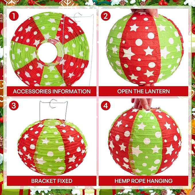 12 Pcs Red Green Christmas Hanging Paper Lanterns 8 Inch Christmas Party - Image 3