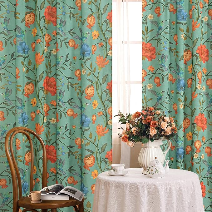 Green Boho Floral Linen Curtains Whimsical Semi Sheer Botanical Bird Block by JOOJA