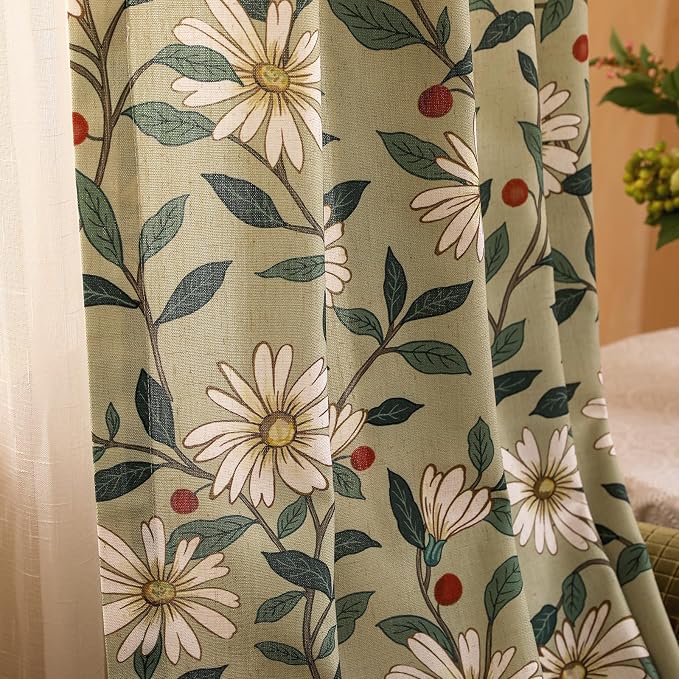 Designer French Green Linen Printed Curtain, 2 Panels, Floral Pattern Home - Image 8