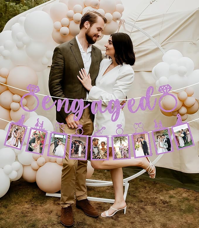 Pre-Strung Engaged Photo Banner - Purple Glitter Engagement Party Decoration Supplies with Romantic Memories Picture Card Frames for Bachelorette, Bridal Shower, Wedding Party Photo Booth Props