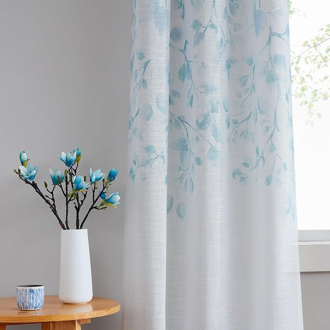 Central Park Leaf Floral Print Metallic Sheer Curtain, Teal Blue, Grommet Top by CentralPark
