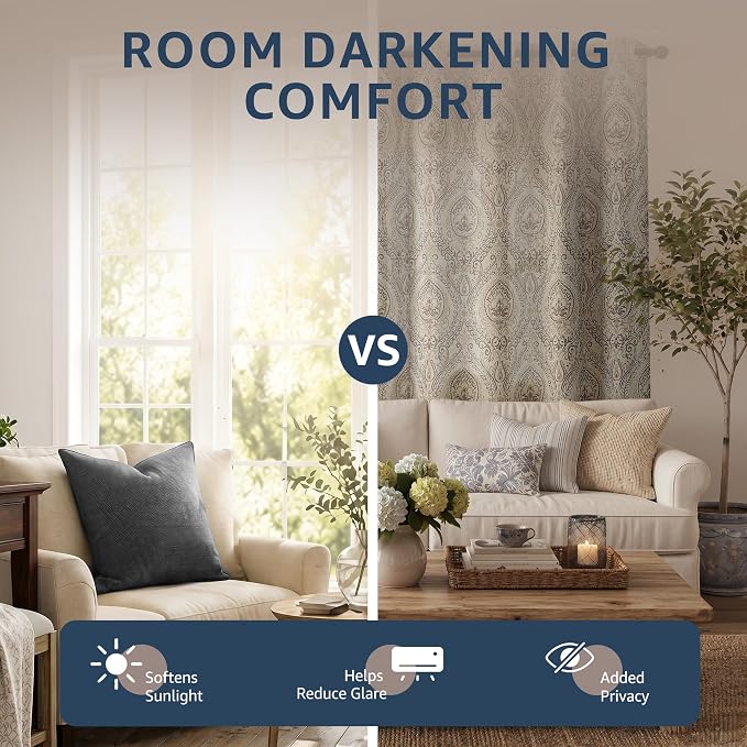 jinchan Grey Damask Curtains 63 Inch Room Darkening Grommet 2 Panels | Blackout - Image 3