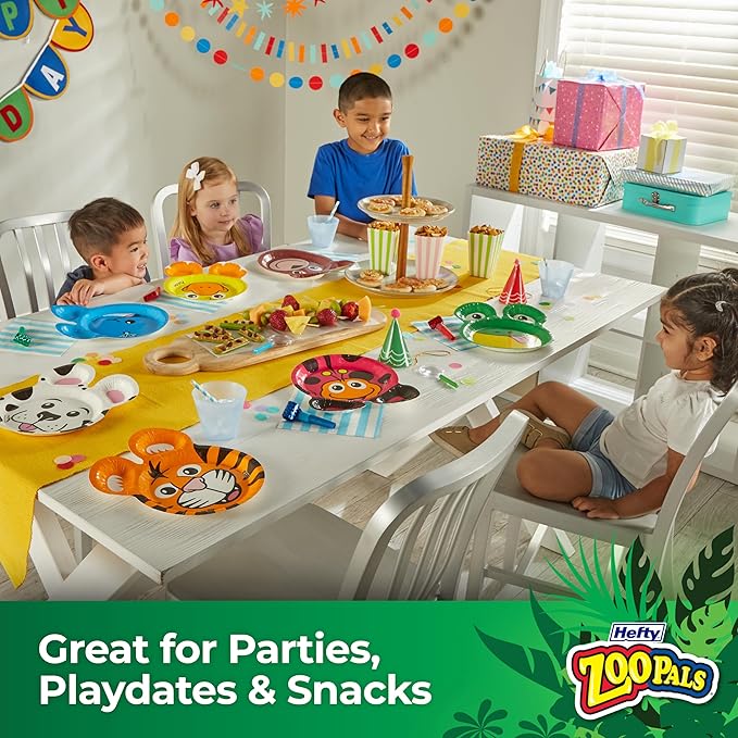 Hefty Zoo Pals Party Edition Paper Plates for Kids, Assorted Animal Designs, 7.75 Inches with Two Dipping Compartments, 20 Count (Pack of 2)
