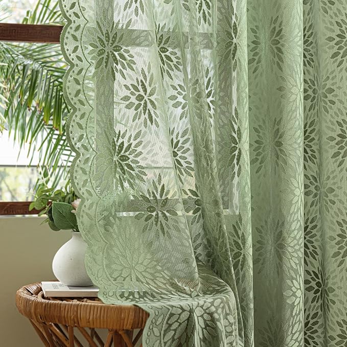 MIULEE Vintage Floral Scalloped Lace Curtains, Sage Green 52" W x 63" L | 2 by MIULEE