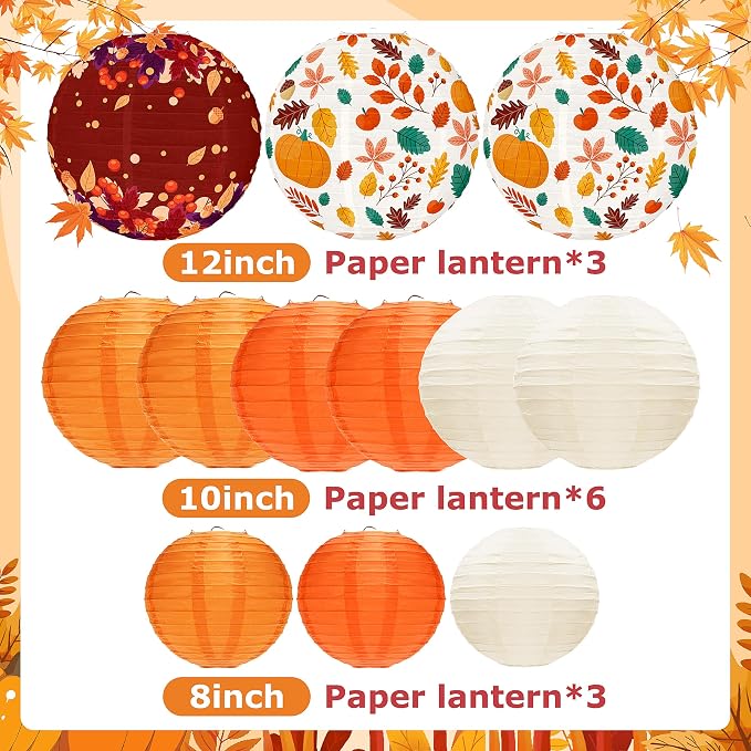 12PCS Fall Paper Lanterns Orange Maple Leaves Thanksgiving Decor | Orange - Image 3