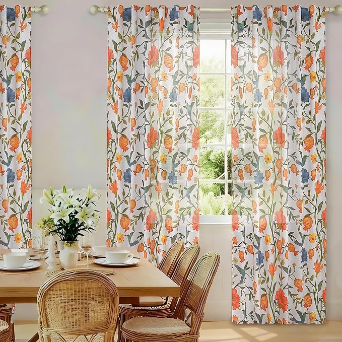 72 Inch Boho Floral Curtains Tropical Bird Print Linen Semi Sheer Window Drapes - Image 7